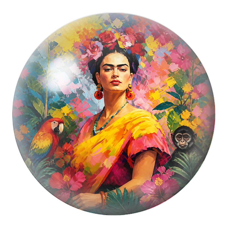 Cabochon en Verre Illustré Frida avec Ara et Jeune Singe en Couleurs 12 à 25mm
