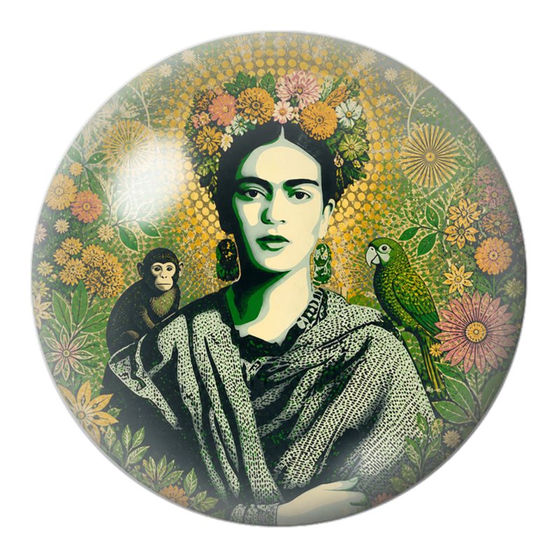 Cabochon en Verre Illustré Frida Verte avec Singe et Perroquet 12 à 25mm