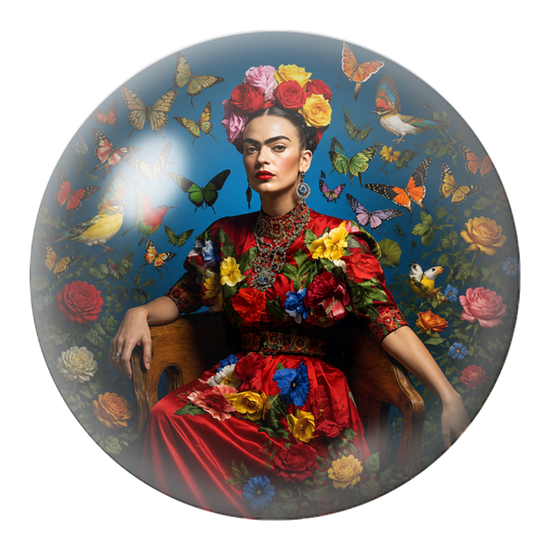 Cabochon en Verre Illustré Frida en Robe Rouge parmi Papillons et Oiseaux 12 à 25mm