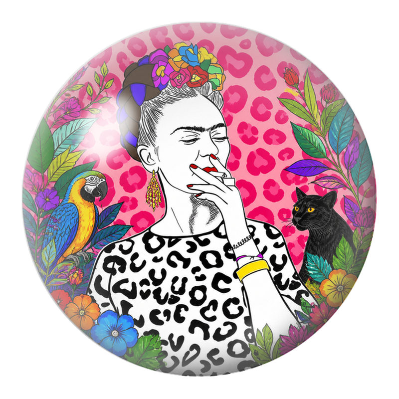 Cabochon en Verre Illustré Frida Fumant avec Ara et Chat Noir 12 à 25mm