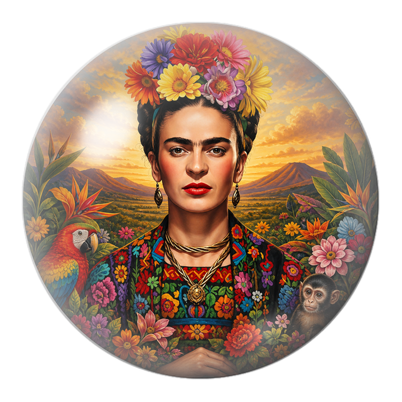 Cabochon en Verre Illustré Frida au Coucher de Soleil avec Ara et Singe 12 à 25mm