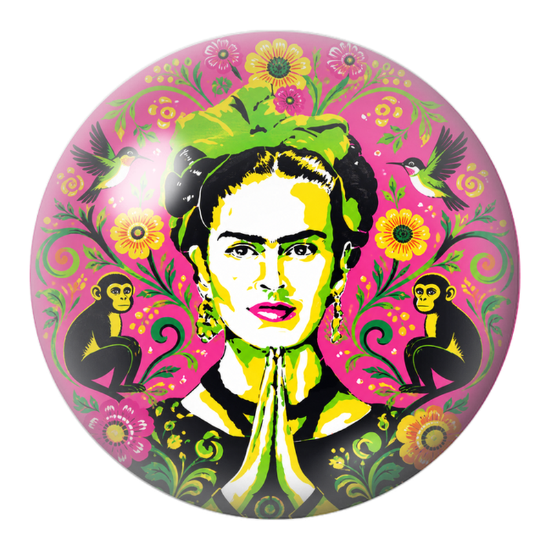 Cabochon en Verre Illustré Frida en Prière avec Singes et Colibris 12 à 25mm
