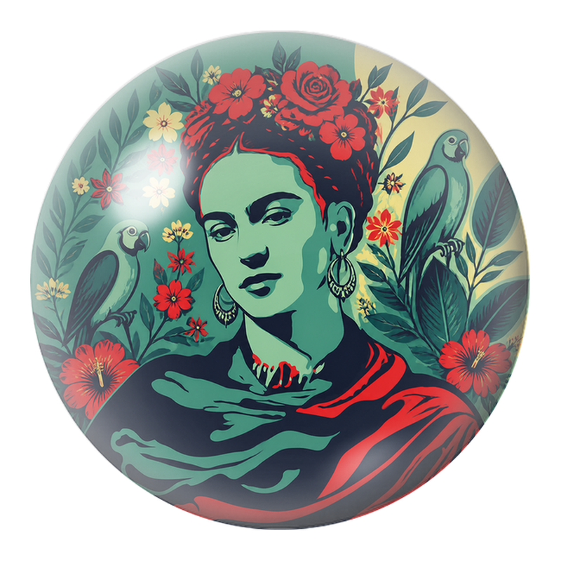 Cabochon en Verre Illustré Frida Verte aux Perroquets et Fleurs Rouges 12 à 25mm