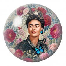 Cabochon en Verre Illustré Frida aux Pivoines et Papillons Bleus 12 à 25mm pour la Création de Bijoux Fantaisie - DIY
