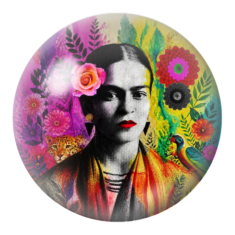 Cabochon en Verre Illustré Frida avec Jaguar et Perroquet en Couleurs 12 à 25mm