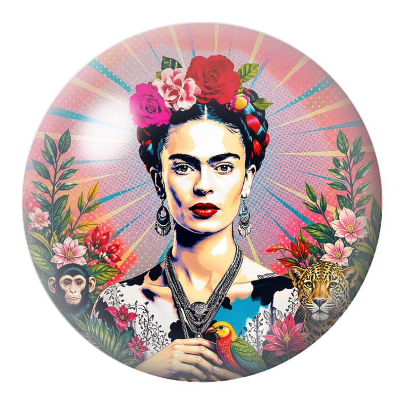 Cabochon en Verre Illustré Frida avec Singe, Jaguar et Oiseau Tropical 12 à 25mm