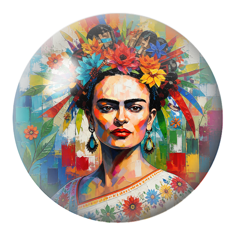 Cabochon en Verre Illustré Frida en Mosaïque sur Fond Abstrait Coloré 12 à 25mm