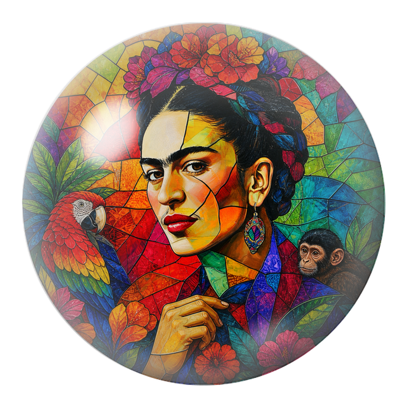 Cabochon en Verre Illustré Frida Vitrail avec Ara et Jeune Singe 12 à 25mm
