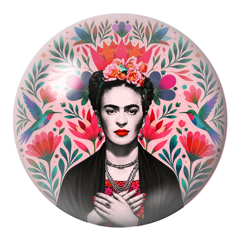 Cabochon en Verre Illustré Frida au Cœur Fleuri avec Deux Colibris 12 à 25mm