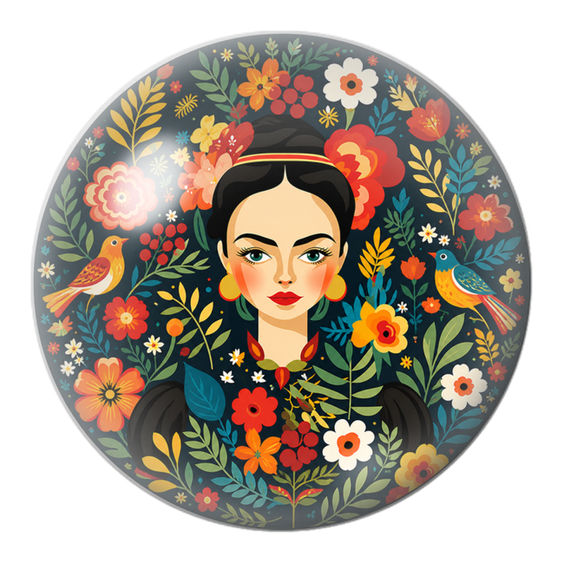 Cabochon en Verre Illustré Frida Folk aux Oiseaux et Fleurs Colorées 12 à 25mm