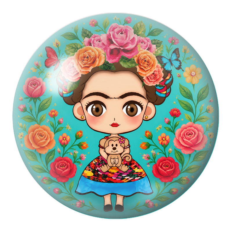 Cabochon en Verre Illustré Frida Kawaii au Petit Singe et aux Roses 12 à 25mm