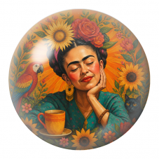Cabochon en Verre Illustré Frida Rêveuse au Thé avec Ara et Chat Noir 12 à 25mm pour la Création de Bijoux Fantaisie - DIY