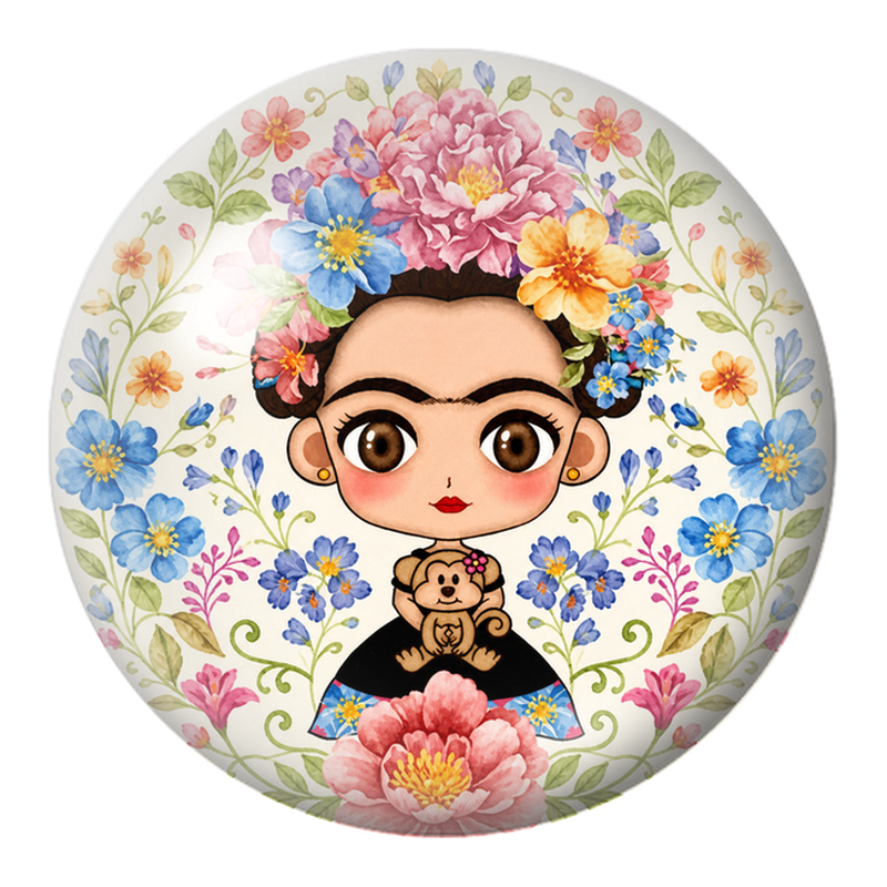 Cabochon en Verre Illustré Frida Kawaii au Singe dans un Jardin Aquarelle 12 à 25mm