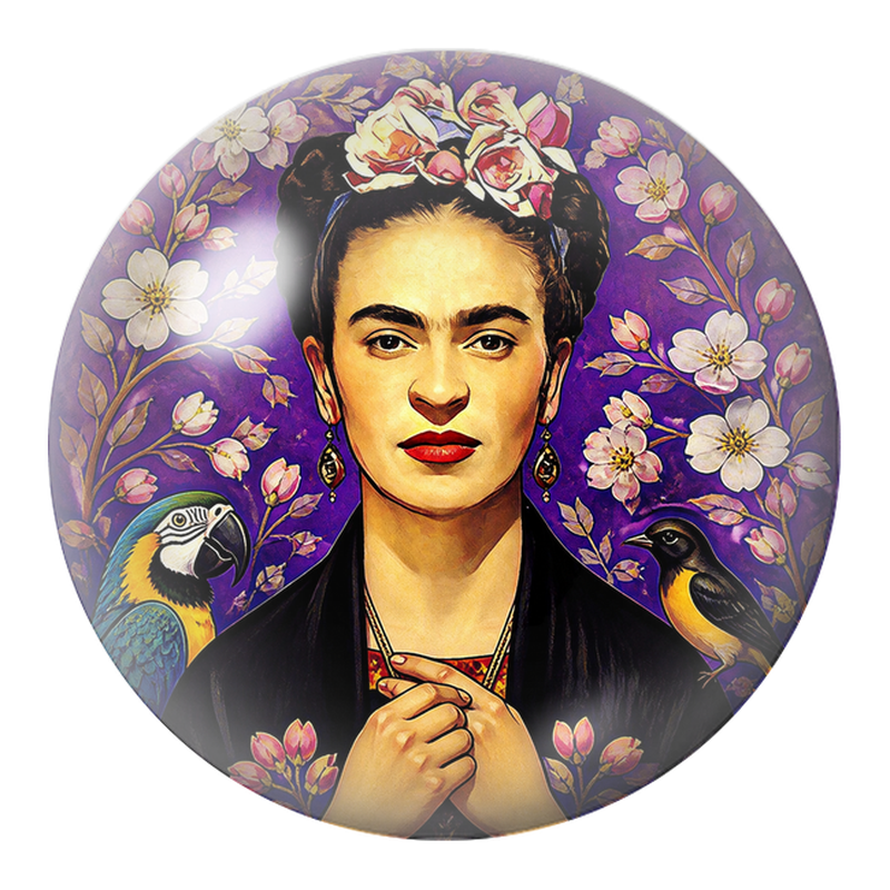 Cabochon en Verre Illustré Frida avec Ara et Oiseau sous les Fleurs Blanches 12 à 25mm