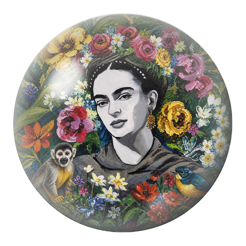 Cabochon en Verre Illustré Frida avec Singe et Oiseau dans un Jardin Peint 12 à 25mm