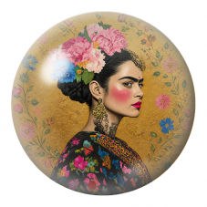 Cabochon en Verre Illustré Frida de Profil aux Pivoines sur Fond Doré 12 à 25mm pour la Création de Bijoux Fantaisie - DIY