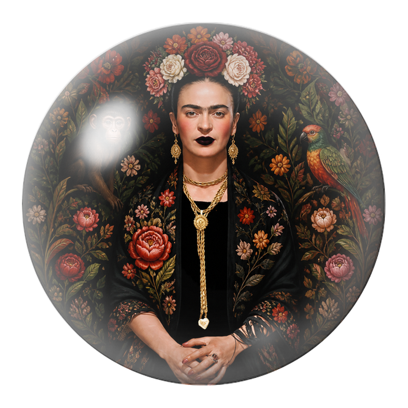 Cabochon en Verre Illustré Frida Sombre avec Singe et Perroquet 12 à 25mm
