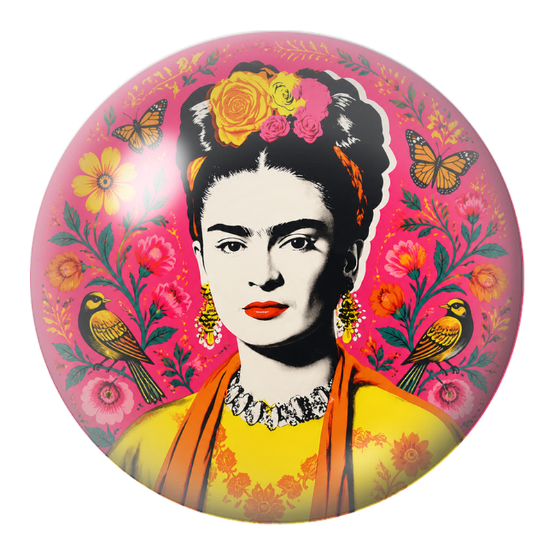 Cabochon en Verre Illustré Frida Pop aux Oiseaux et Papillons sur Fond Rose 12 à 25mm