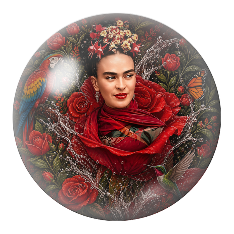 Cabochon en Verre Illustré Frida Rose avec Ara, Colibri et Éclats d’Eau 12 à 25mm