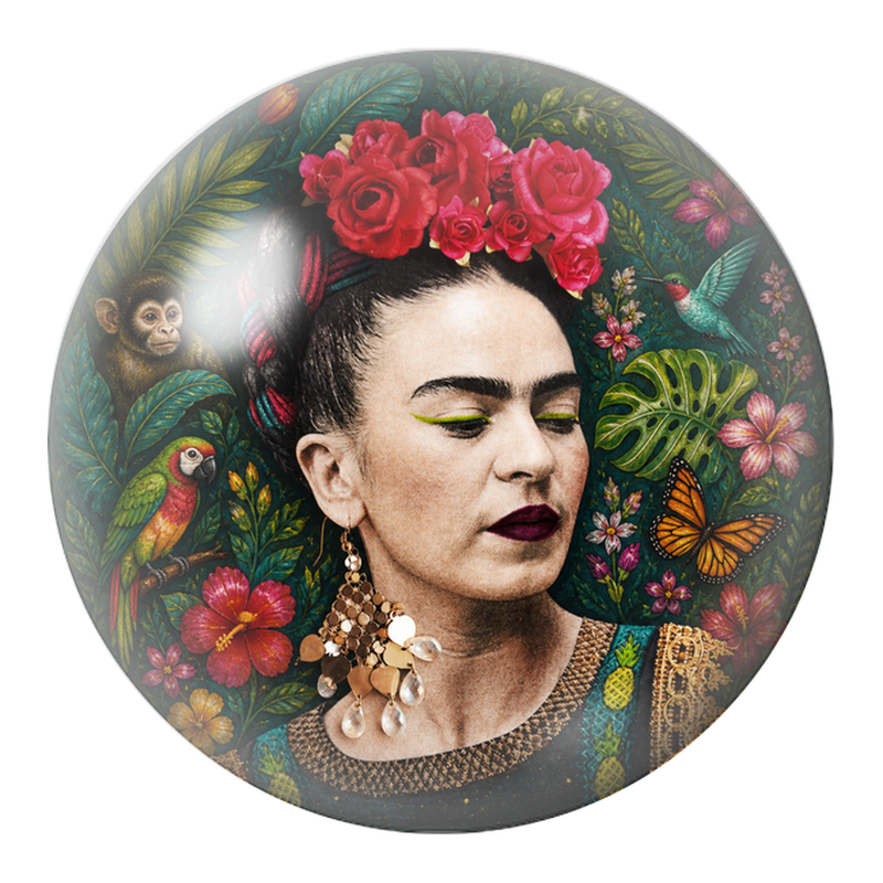 Cabochon en Verre Illustré Frida aux Roses avec Singe, Perroquet et Colibri 12 à 25mm