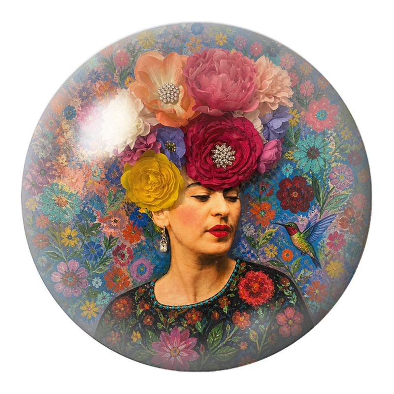 Cabochon en Verre Illustré Frida au Colibri sous une Couronne de Fleurs 12 à 25mm