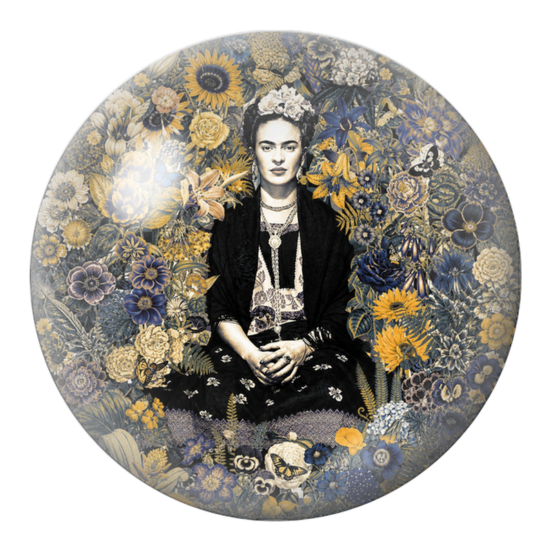 Cabochon en Verre Illustré Frida dans un Jardin Bleu et Or 12 à 25mm