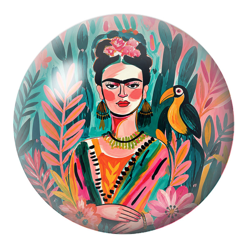 Cabochon en Verre Illustré Frida avec Toucan dans une Jungle Peinte 12 à 25mm