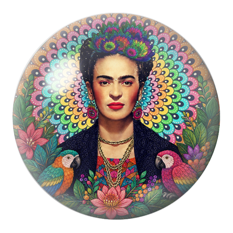 Cabochon en Verre Illustré Frida aux Aras devant un Mandala Coloré 12 à 25mm