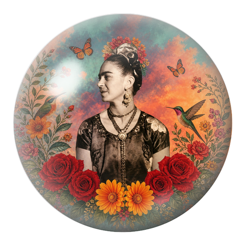 Cabochon en Verre Illustré Frida de Profil aux Colibris et Roses Rouges 12 à 25mm