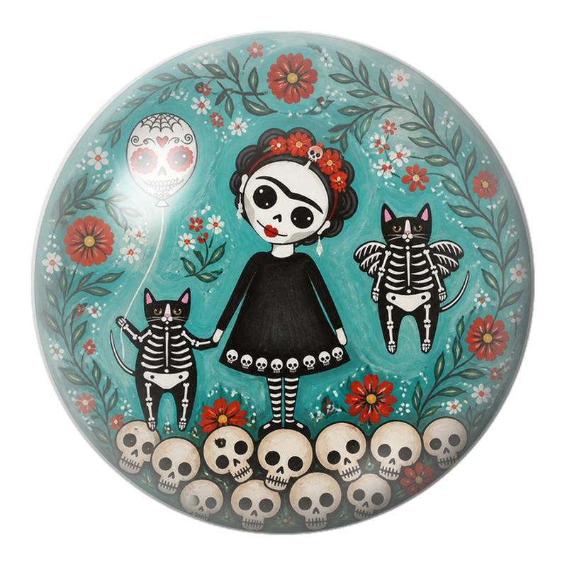 Cabochon en Verre Illustré Frida Squelette avec Chats Catrina 12 à 25mm