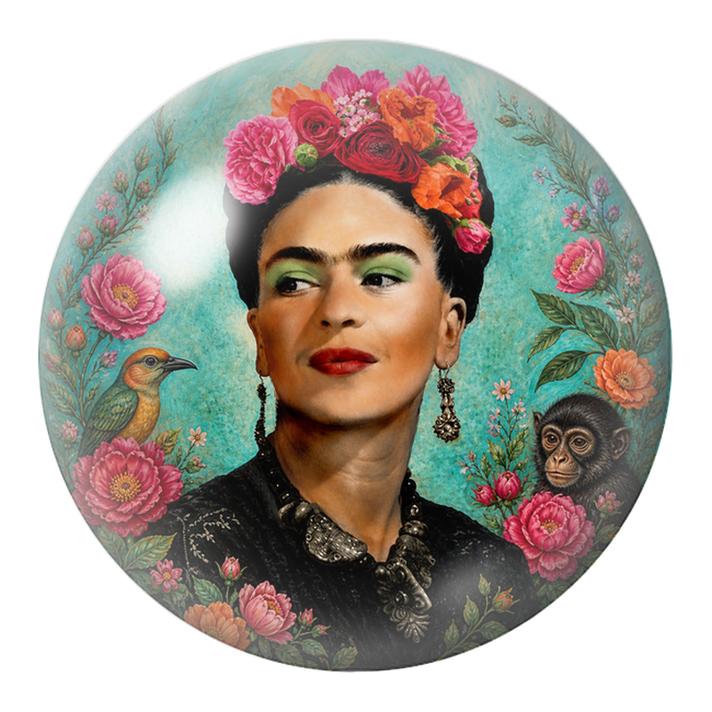 Cabochon en Verre Illustré Frida avec Oiseau et Jeune Singe sur Fond Turquoise 12 à 25mm