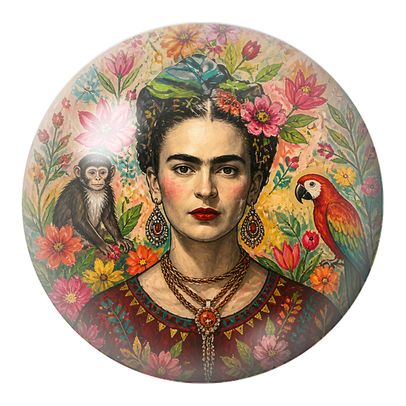 Cabochon en Verre Illustré Frida avec Singe et Ara dans un Jardin Fleuri 12 à 25mm