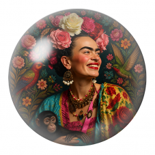 Cabochon en Verre Illustré Frida Souriante avec Singe, Perroquet et Colibri 12 à 25mm pour la Création de Bijoux Fantaisie - DIY