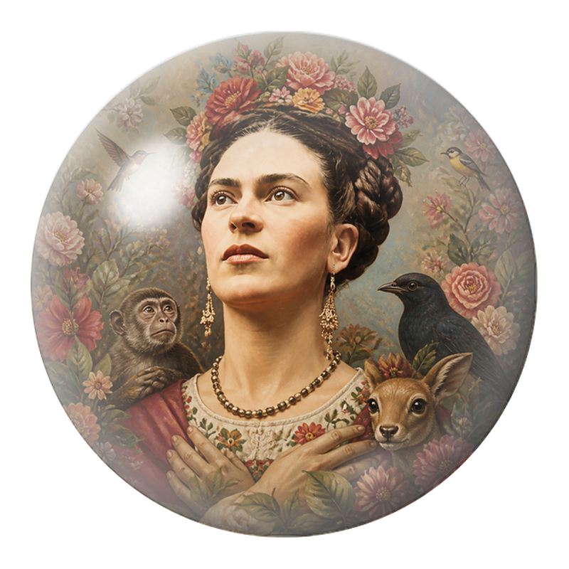 Cabochon en Verre Illustré Frida aux Fleurs avec Singe, Corbeau et Faon 12 à 25mm