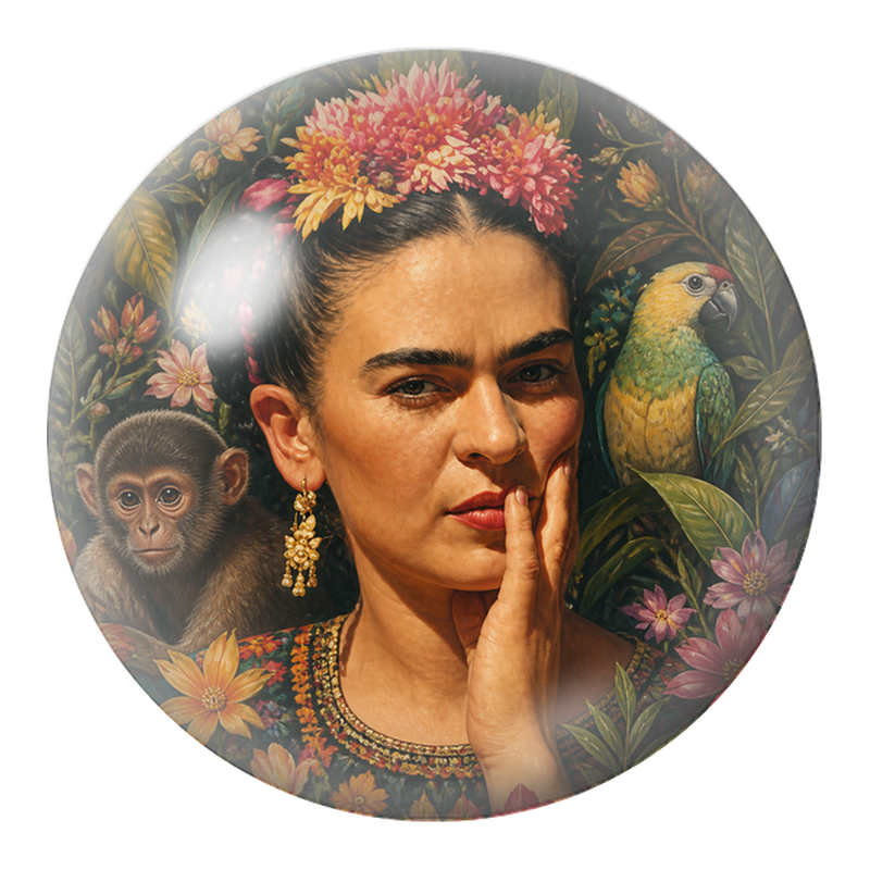 Cabochon en Verre Illustré Frida Songeuse avec Singe et Perroquet 12 à 25mm