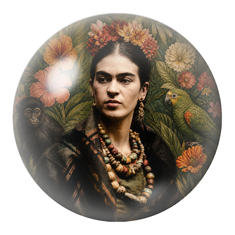 Cabochon en Verre Illustré Frida au Jardin Tropical avec Singe et Perroquet 12 à 25mm