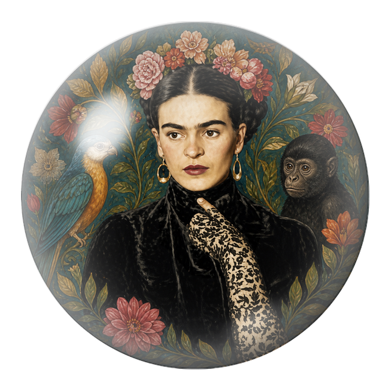 Cabochon en Verre Illustré Frida au Perroquet Bleu et au Singe 12 à 25mm