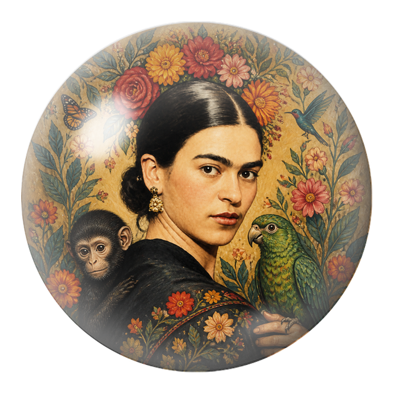 Cabochon en Verre Illustré Frida de Profil avec Perroquet et Singe 12 à 25mm