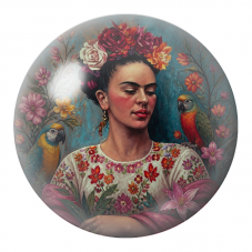 Cabochon en Verre Illustré Frida aux Fleurs avec Deux Perroquets 12 à 25mm pour la Création de Bijoux Fantaisie - DIY