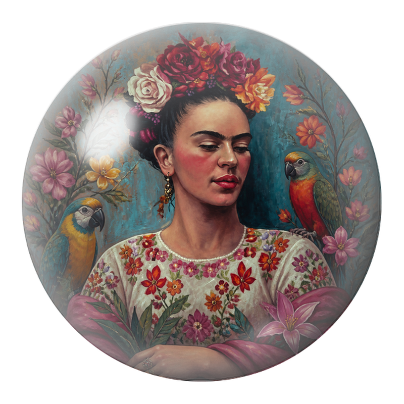Cabochon en Verre Illustré Frida aux Fleurs avec Deux Perroquets 12 à 25mm
