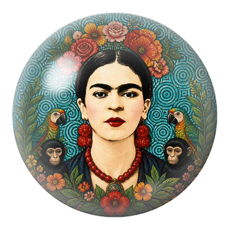 Cabochon en Verre Illustré Frida aux Perroquets et aux Singes dans un Jardin Turquoise 12 à 25mm