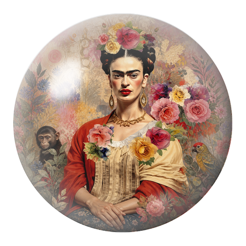 Cabochon en Verre Illustré Frida Assise dans un Jardin de Roses 12 à 25mm