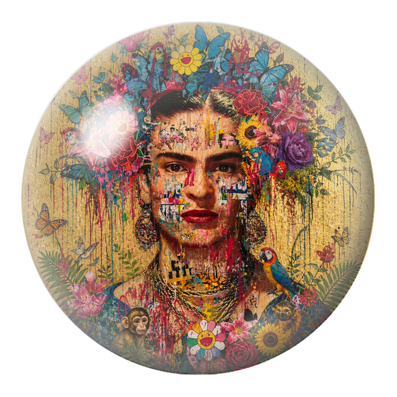 Cabochon en Verre Illustré Frida en Collage Floral avec Papillons et Perroquet 12 à 25mm
