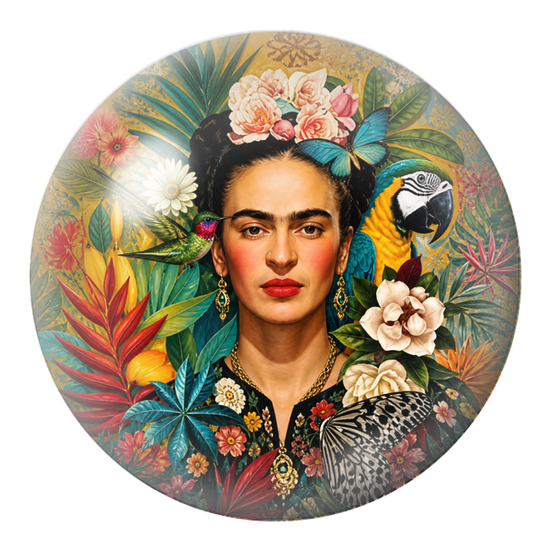 Cabochon en Verre Illustré Frida Tropicale avec Colibri, Perroquet et Papillon 12 à 25mm