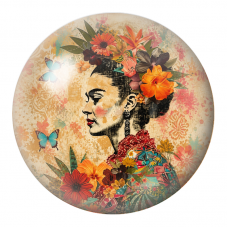 Cabochon en Verre Illustré Frida de Profil au Jardin de Fleurs Orange 12 à 25mm pour la Création de Bijoux Fantaisie - DIY