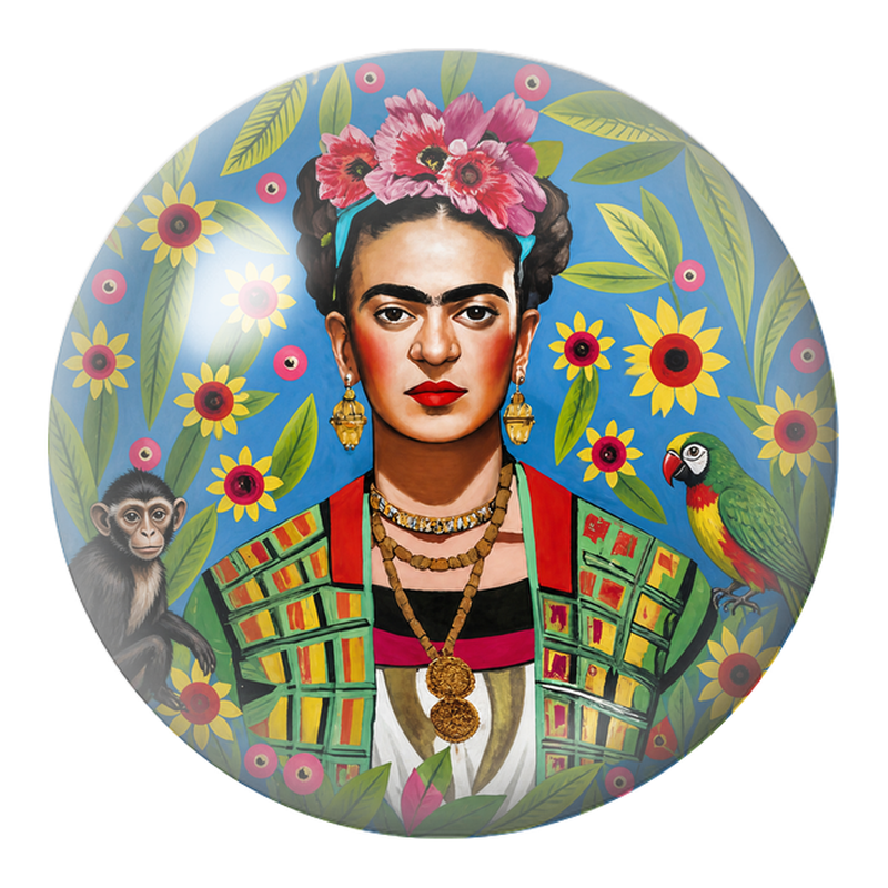 Cabochon en Verre Illustré Frida au Singe et au Perroquet dans les Tournesols 12 à 25mm