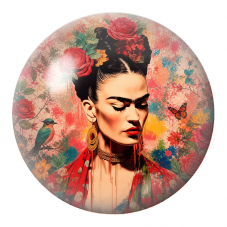 Cabochon en Verre Illustré Frida au Regard Baissé avec Oiseau et Papillon 12 à 25mm pour la Création de Bijoux Fantaisie - DIY
