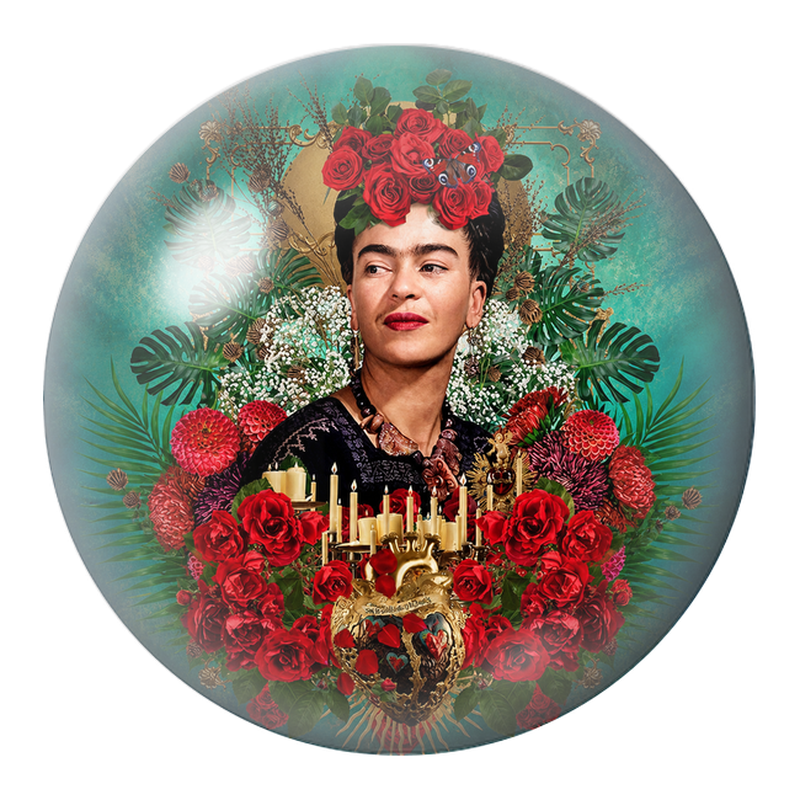 Cabochon en Verre Illustré Frida au Cœur Sacré parmi les Roses Rouges 12 à 25mm