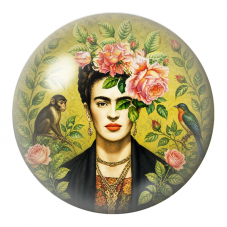 Cabochon en Verre Illustré Frida au Singe et à l’Oiseau dans les Roses 12 à 25mm pour la Création de Bijoux Fantaisie - DIY