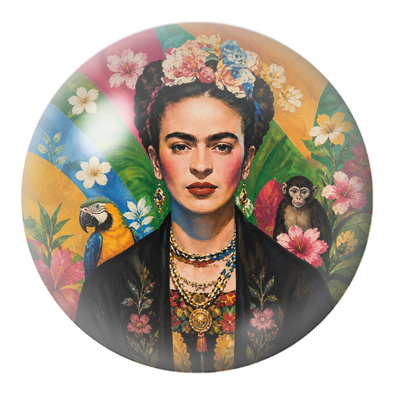 Cabochon en Verre Illustré Frida au Perroquet et au Singe dans un Jardin Coloré 12 à 25mm